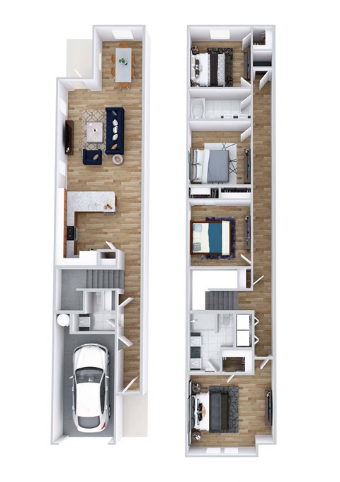 a floor plan of a house with a white car in a garage